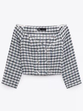 Zara Tweed Feminine Preppy Top Textured Button Crop Academia Blue White